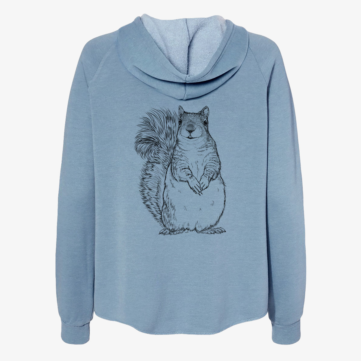 Misty blue women's Cali Wave zip-up sweatshirt laid flat, printed with a detailed black ink illustration of a western grey squirrel sitting upright with a bushy tail.