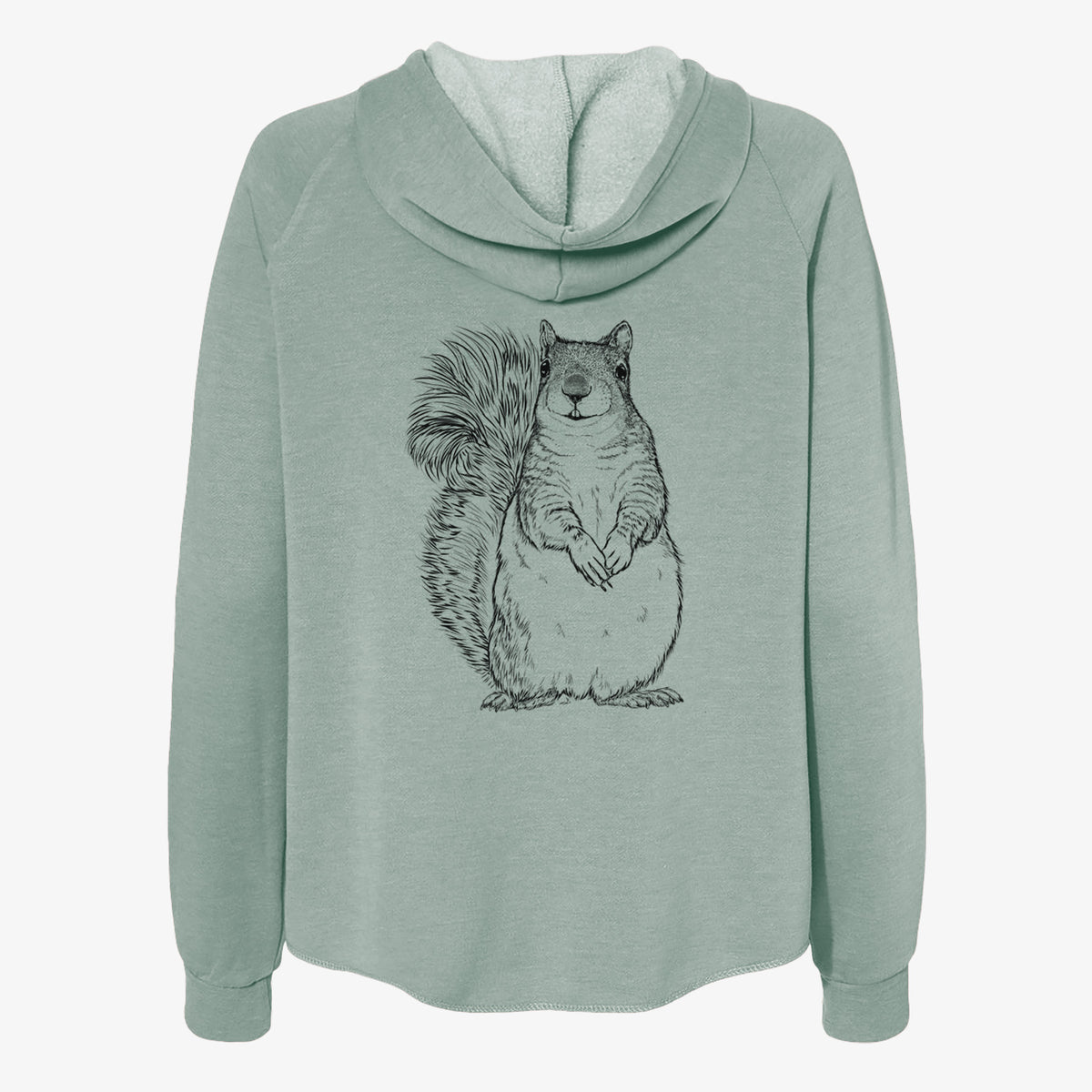 Sage green women's Cali Wave zip-up sweatshirt laid flat, printed with a detailed black ink illustration of a western grey squirrel sitting upright with a bushy tail.