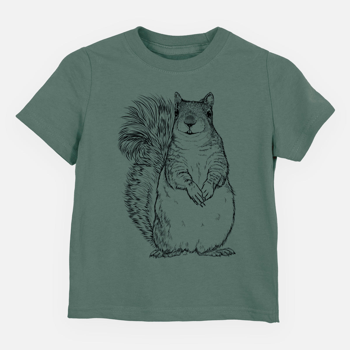 Basil green toddler t-shirt laid flat, printed with a detailed black ink illustration of a western grey squirrel sitting upright with a bushy tail.