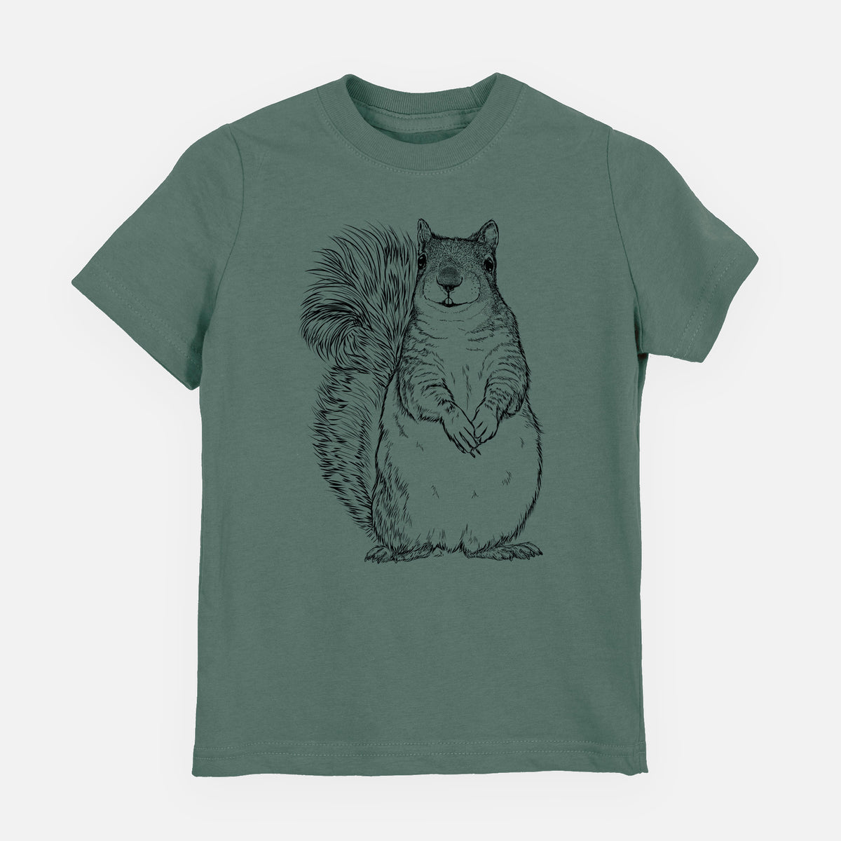 Basil green youth t-shirt laid flat, printed with a detailed black ink illustration of a western grey squirrel sitting upright with a bushy tail.