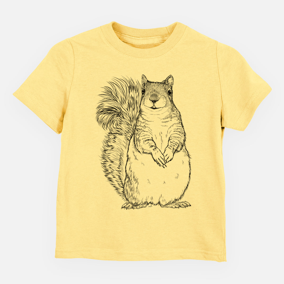 Butter yellow toddler t-shirt laid flat, printed with a detailed black ink illustration of a western grey squirrel sitting upright with a bushy tail.