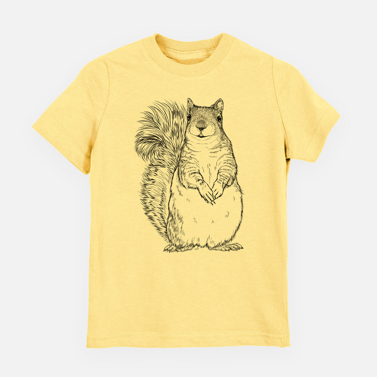 Butter yellow youth t-shirt laid flat, printed with a detailed black ink illustration of a western grey squirrel sitting upright with a bushy tail.