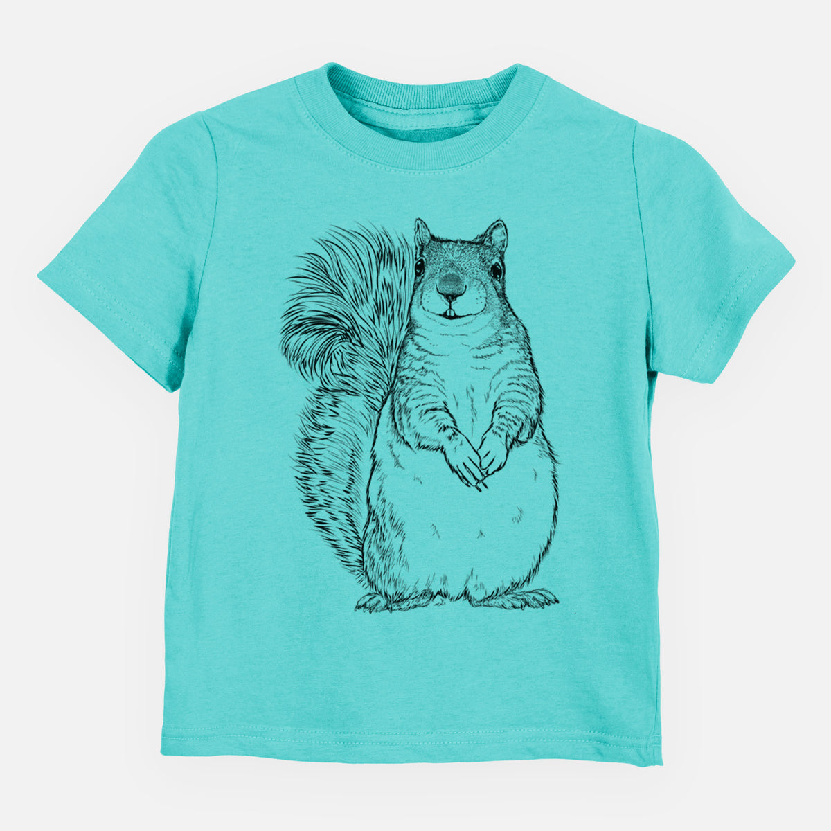 Caribbean blue toddler t-shirt laid flat, printed with a detailed black ink illustration of a western grey squirrel sitting upright with a bushy tail.