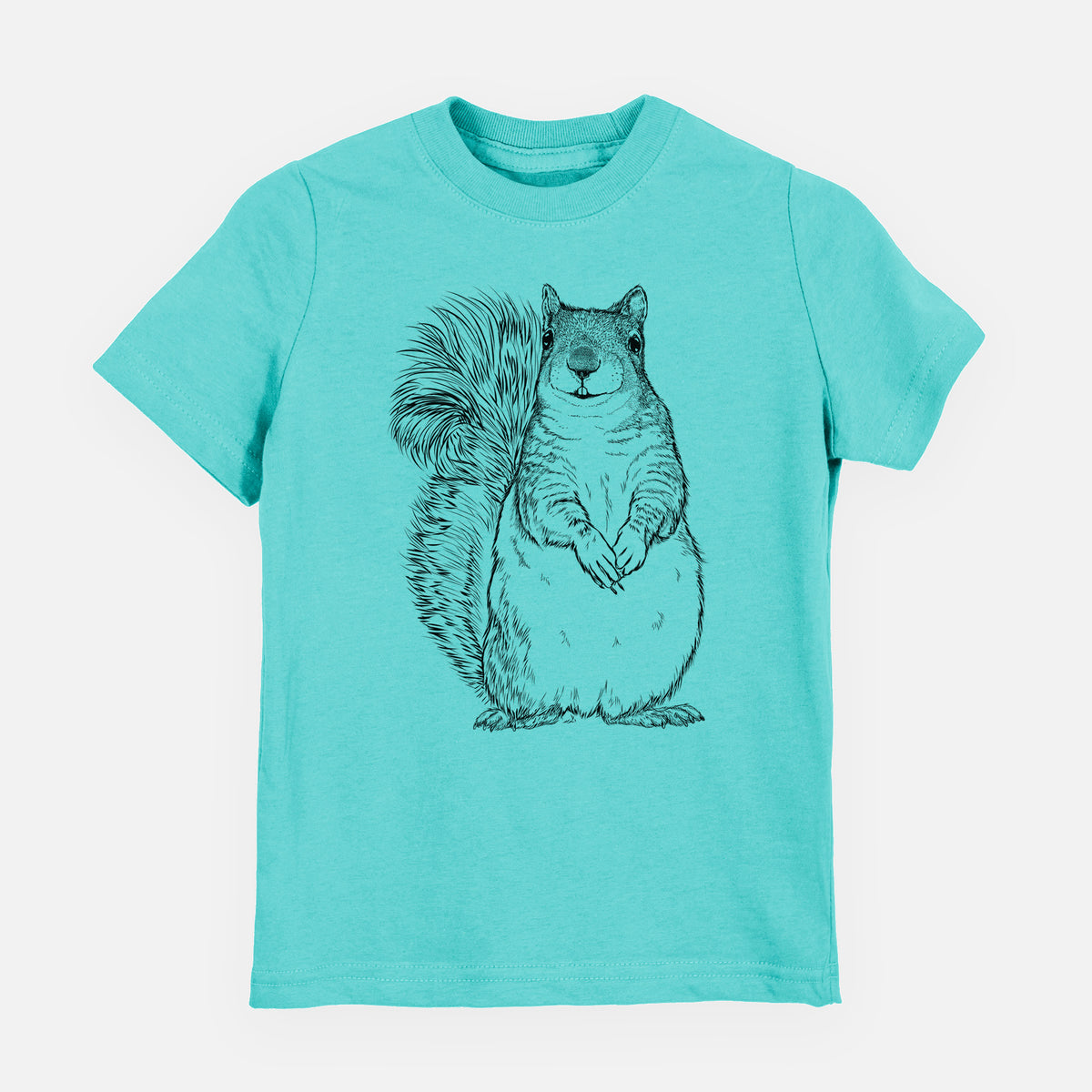 Caribbean blue youth t-shirt laid flat, printed with a detailed black ink illustration of a western grey squirrel sitting upright with a bushy tail.