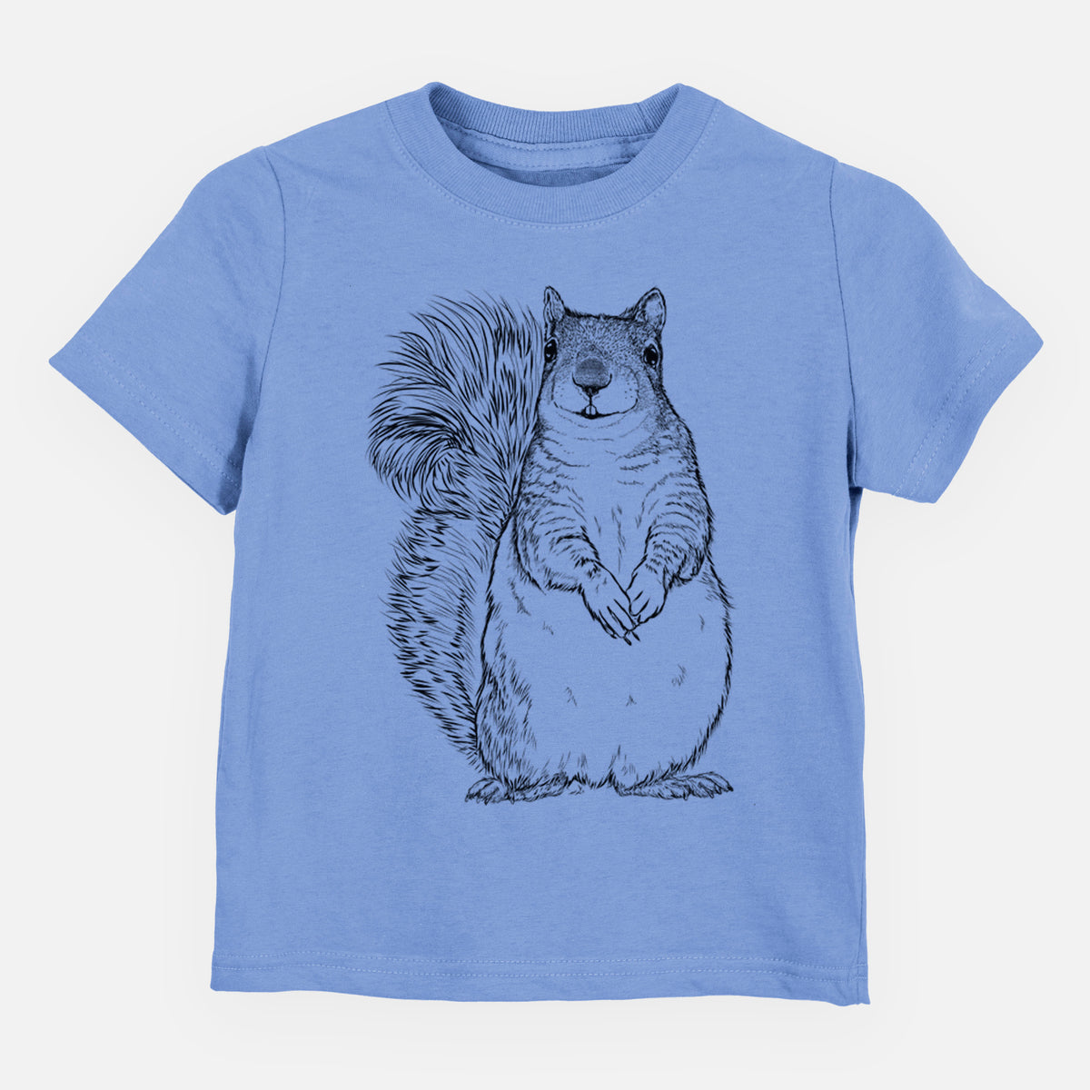 Carolina blue toddler t-shirt laid flat, printed with a detailed black ink illustration of a western grey squirrel sitting upright with a bushy tail.