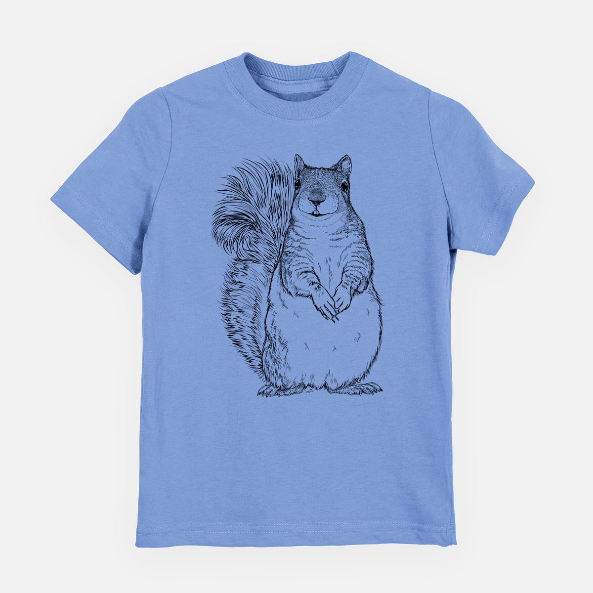 Carolina blue youth t-shirt laid flat, printed with a detailed black ink illustration of a western grey squirrel sitting upright with a bushy tail.