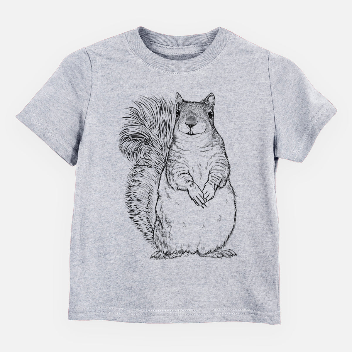 Heather grey toddler t-shirt laid flat, printed with a detailed black ink illustration of a western grey squirrel sitting upright with a bushy tail.