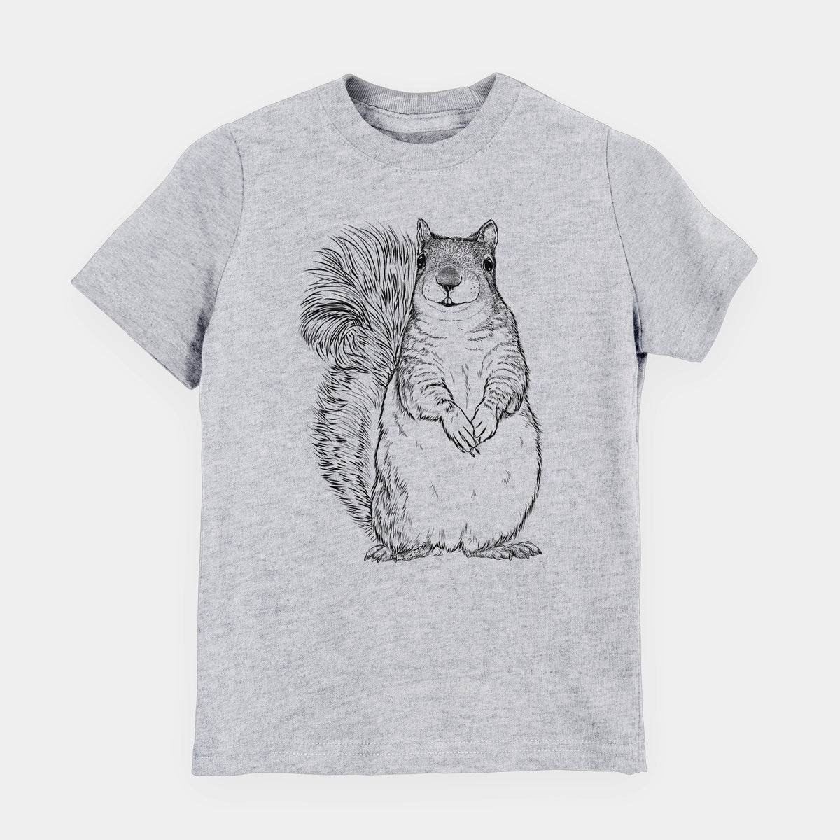 Heather grey youth t-shirt laid flat, printed with a detailed black ink illustration of a western grey squirrel sitting upright with a bushy tail.