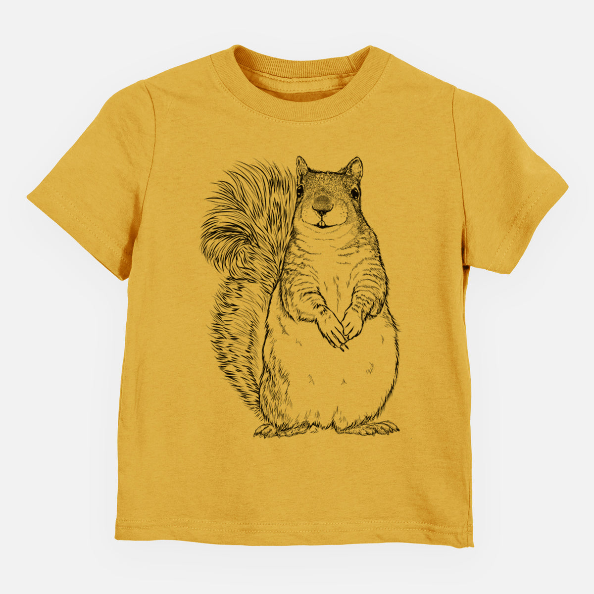 Honeycomb yellow toddler t-shirt laid flat, printed with a detailed black ink illustration of a western grey squirrel sitting upright with a bushy tail.
