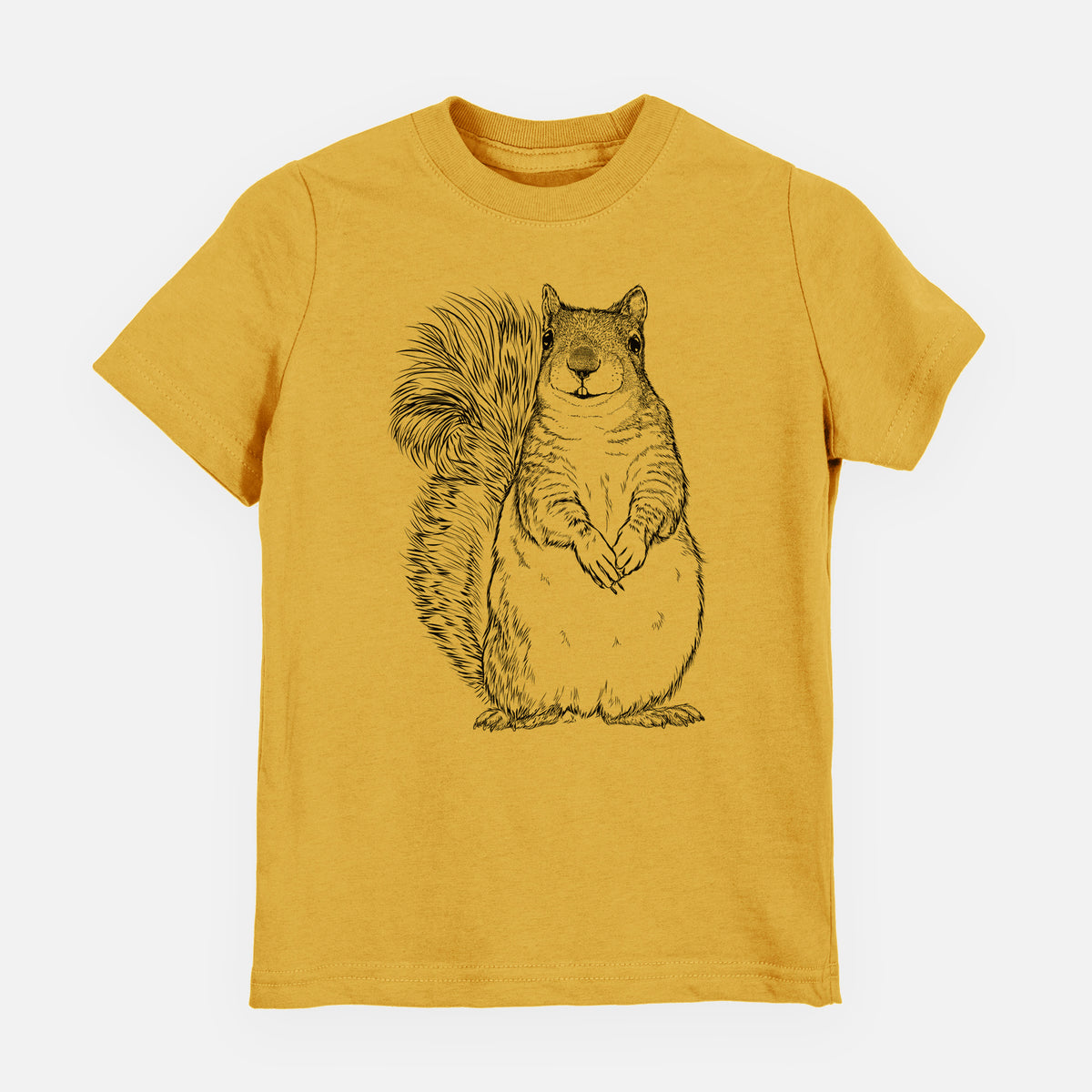 Honeycomb yellow youth t-shirt laid flat, printed with a detailed black ink illustration of a western grey squirrel sitting upright with a bushy tail.