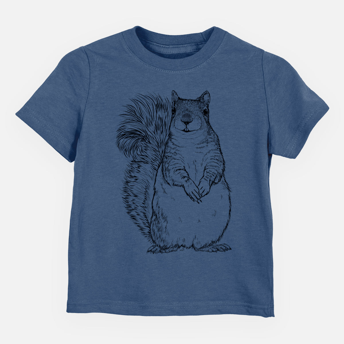 Indigo blue toddler t-shirt laid flat, printed with a detailed black ink illustration of a western grey squirrel sitting upright with a bushy tail.