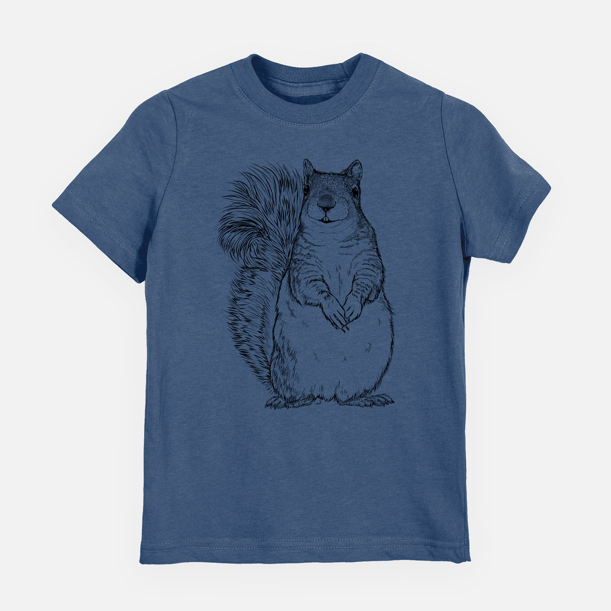 Indigo blue youth t-shirt laid flat, printed with a detailed black ink illustration of a western grey squirrel sitting upright with a bushy tail.
