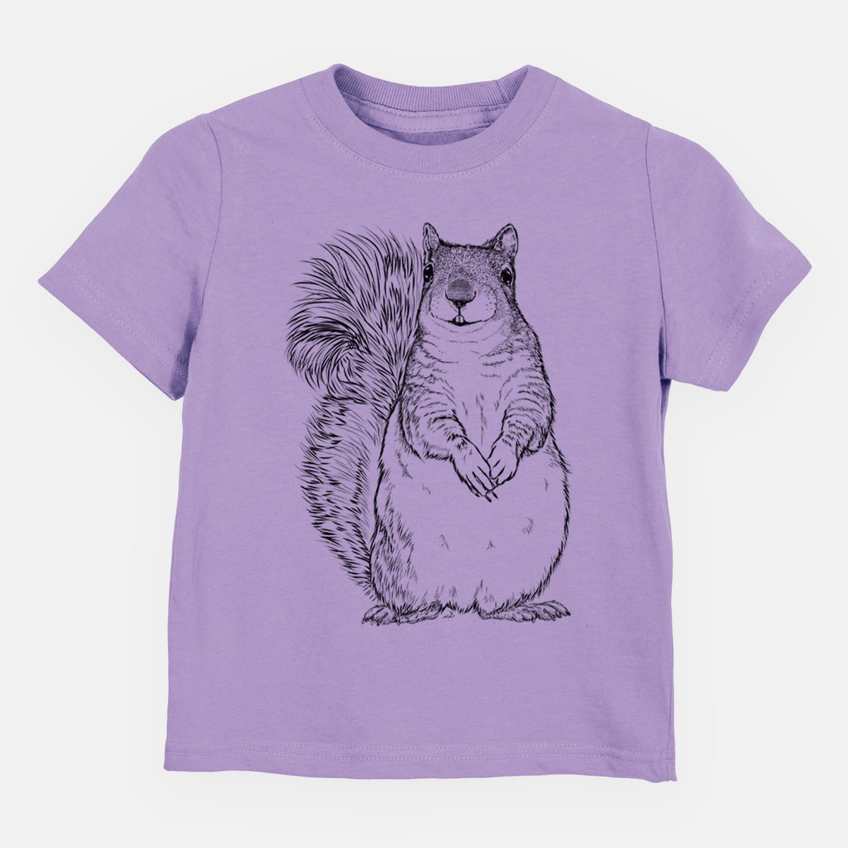 Lavender toddler t-shirt laid flat, printed with a detailed black ink illustration of a western grey squirrel sitting upright with a bushy tail.
