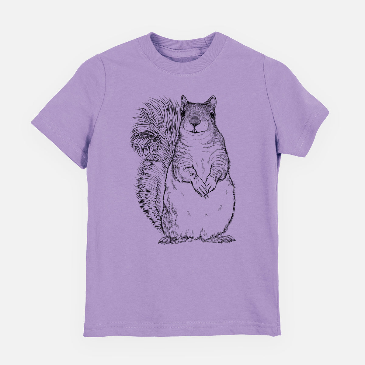 Lavender youth t-shirt laid flat, printed with a detailed black ink illustration of a western grey squirrel sitting upright with a bushy tail.