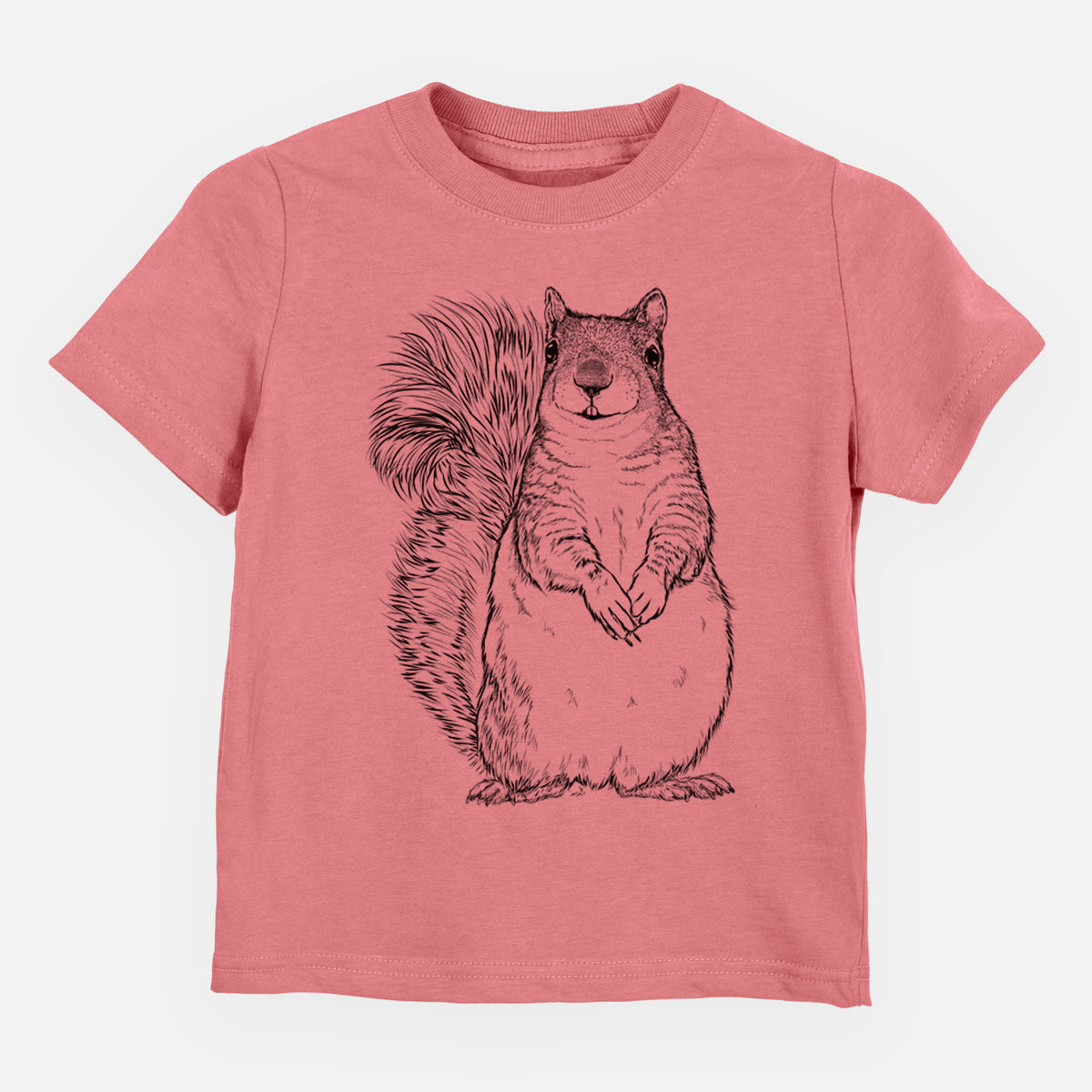 Mauve pink toddler t-shirt laid flat, printed with a detailed black ink illustration of a western grey squirrel sitting upright with a bushy tail.