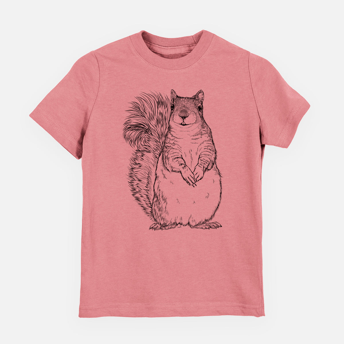 Mauve pink youth t-shirt laid flat, printed with a detailed black ink illustration of a western grey squirrel sitting upright with a bushy tail.