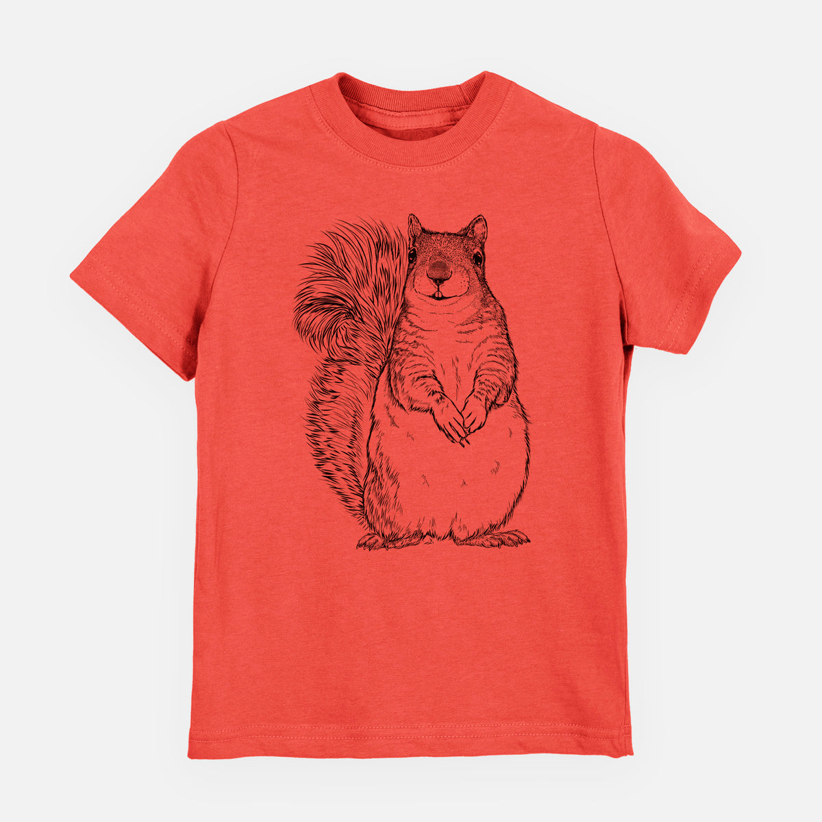 Passionfruit pink youth t-shirt laid flat, printed with a detailed black ink illustration of a western grey squirrel sitting upright with a bushy tail.