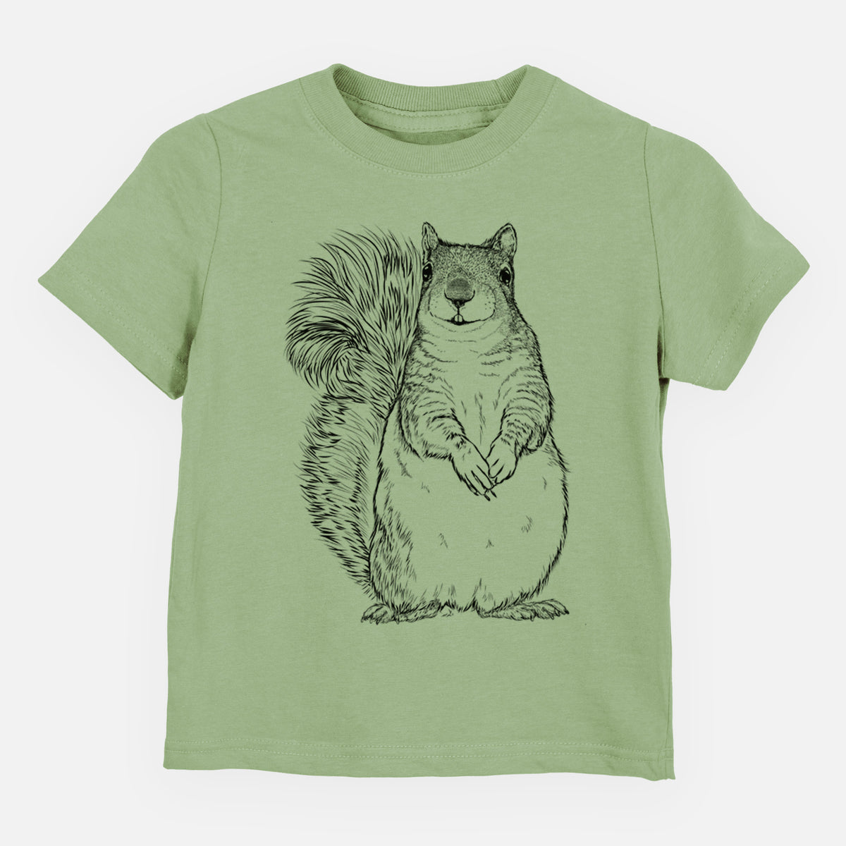 Sage green toddler t-shirt laid flat, printed with a detailed black ink illustration of a western grey squirrel sitting upright with a bushy tail.