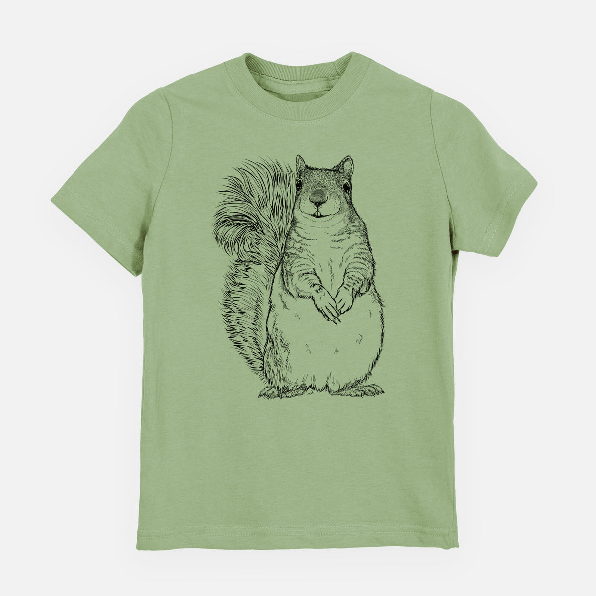 Sage green youth t-shirt laid flat, printed with a detailed black ink illustration of a western grey squirrel sitting upright with a bushy tail.
