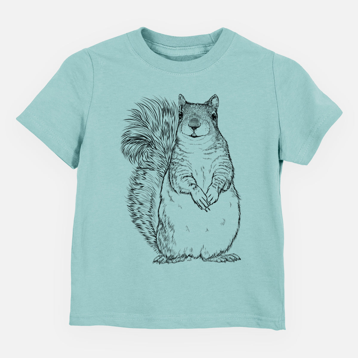 Saltwater toddler t-shirt laid flat, printed with a detailed black ink illustration of a western grey squirrel sitting upright with a bushy tail.