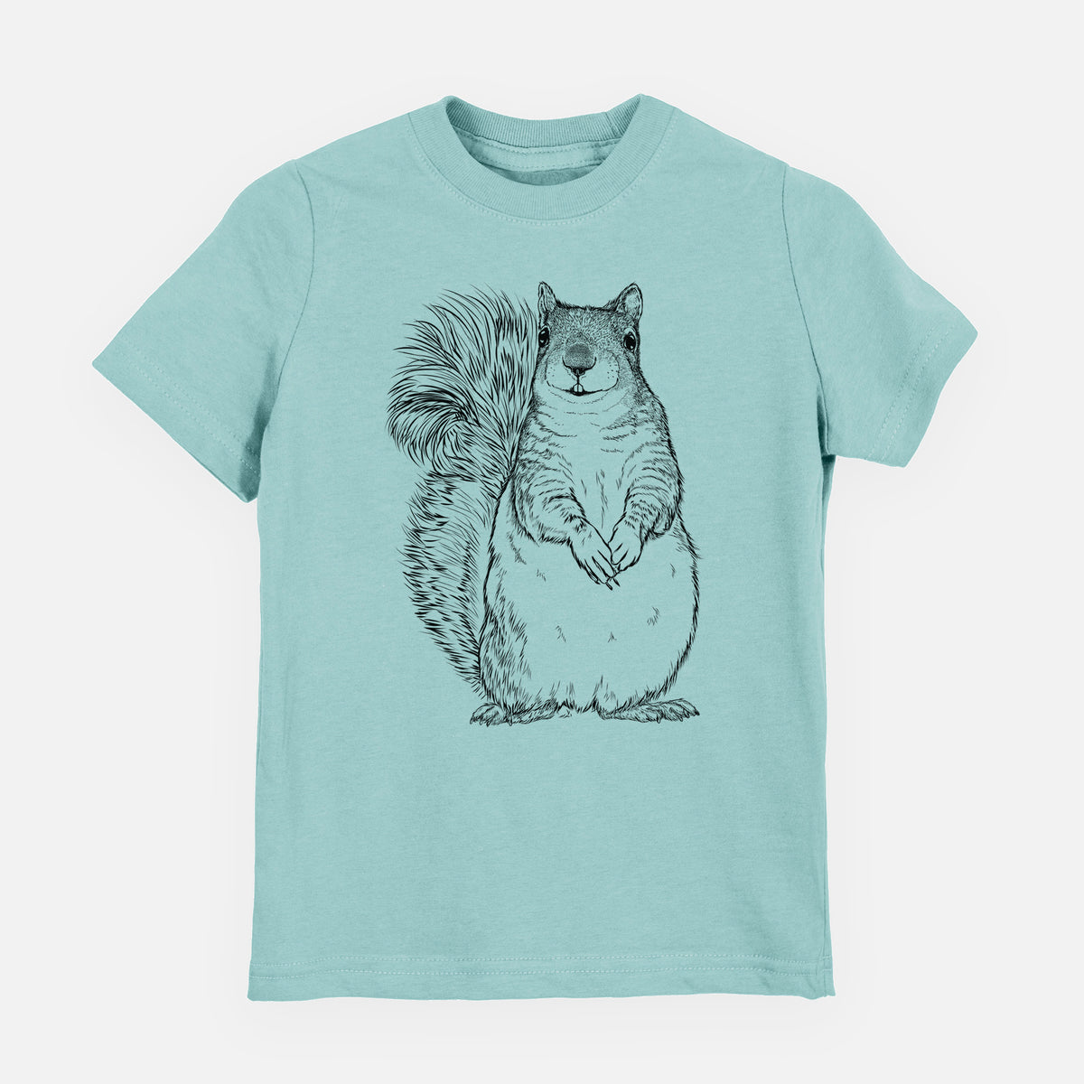 Saltwater youth t-shirt laid flat, printed with a detailed black ink illustration of a western grey squirrel sitting upright with a bushy tail.