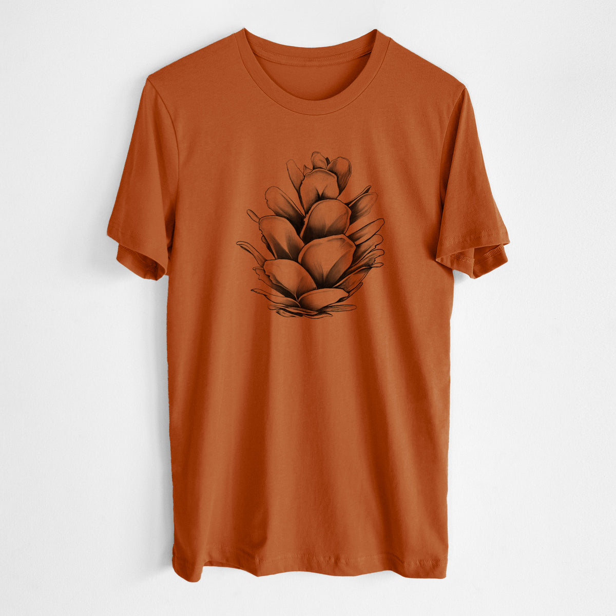 Autumn lightweight cotton t-shirt laid flat, printed with a detailed black ink illustration of a western hemlock pine cone.
