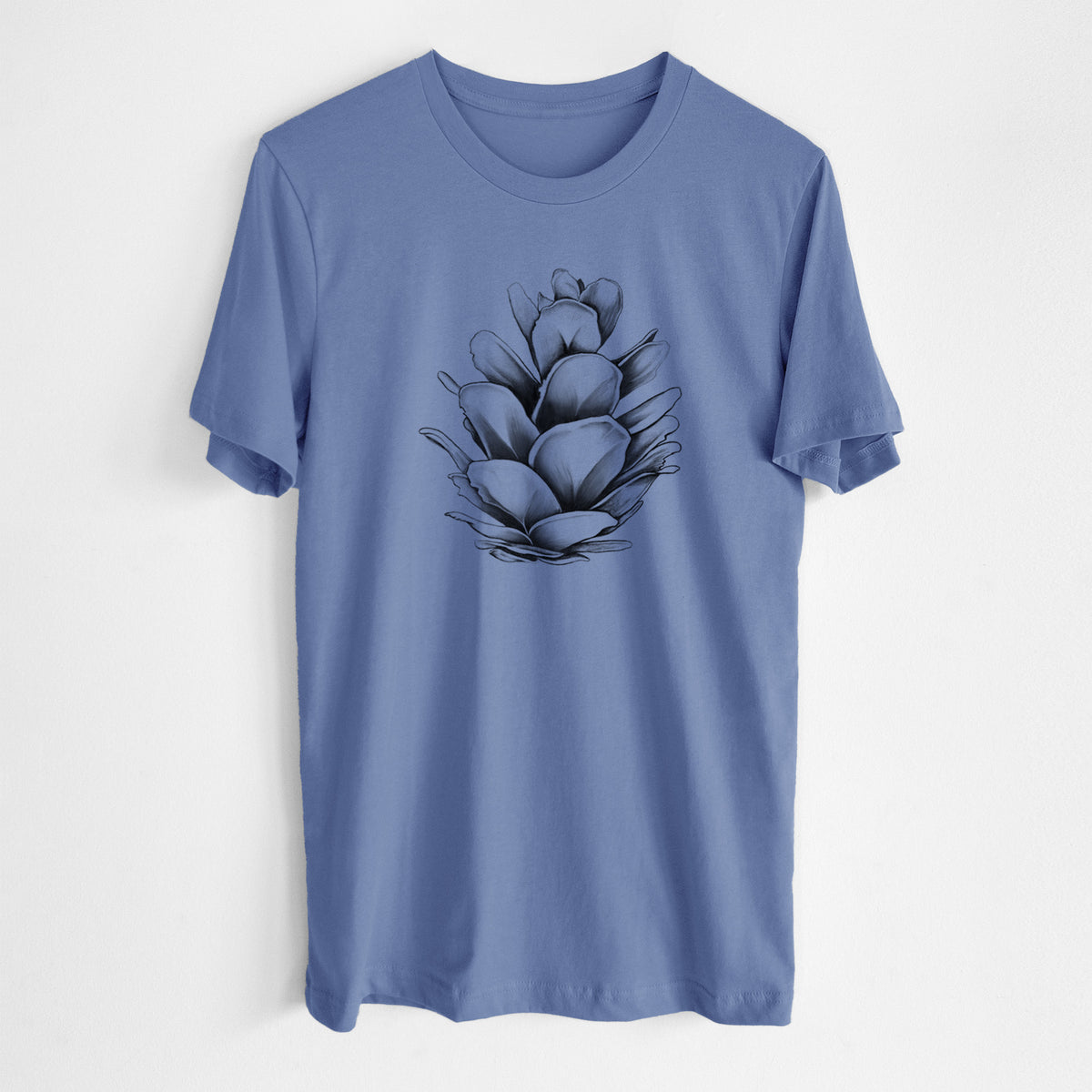 Blue bell lightweight cotton t-shirt laid flat, printed with a detailed black ink illustration of a western hemlock pine cone.