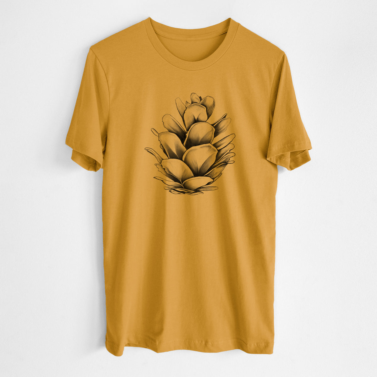 Honeycomb yellow lightweight cotton t-shirt laid flat, printed with a detailed black ink illustration of a western hemlock pine cone.