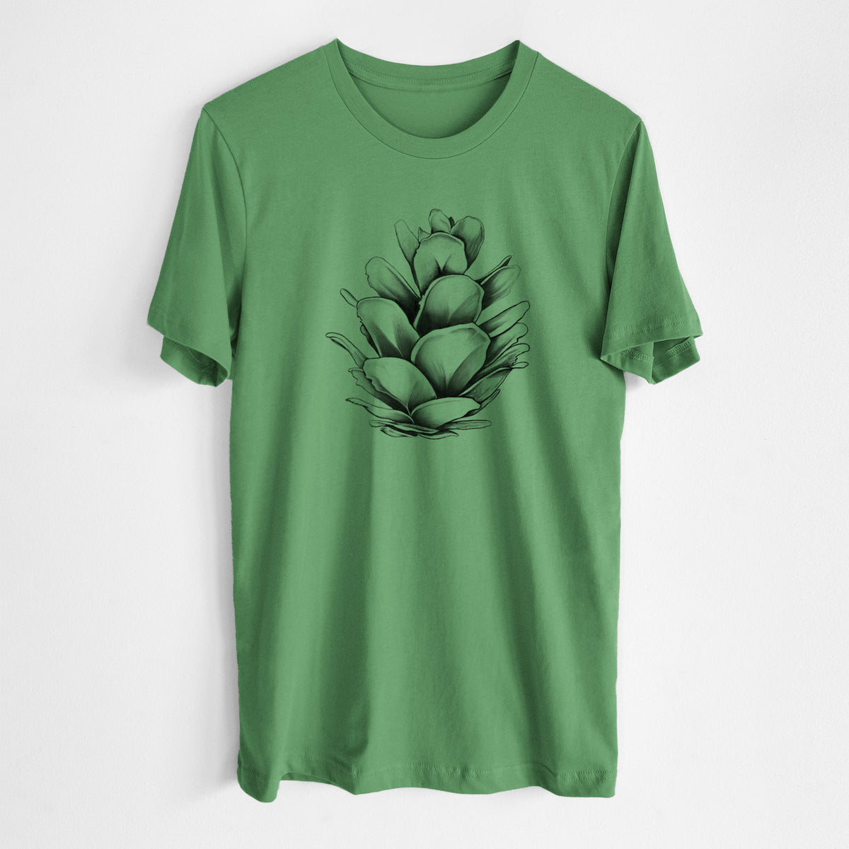 Leaf green lightweight cotton t-shirt laid flat, printed with a detailed black ink illustration of a western hemlock pine cone.