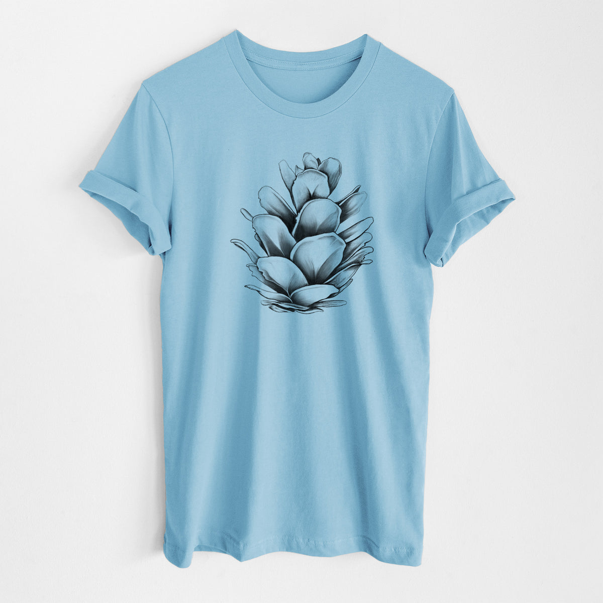 Ocean blue lightweight cotton t-shirt laid flat, printed with a detailed black ink illustration of a western hemlock pine cone.