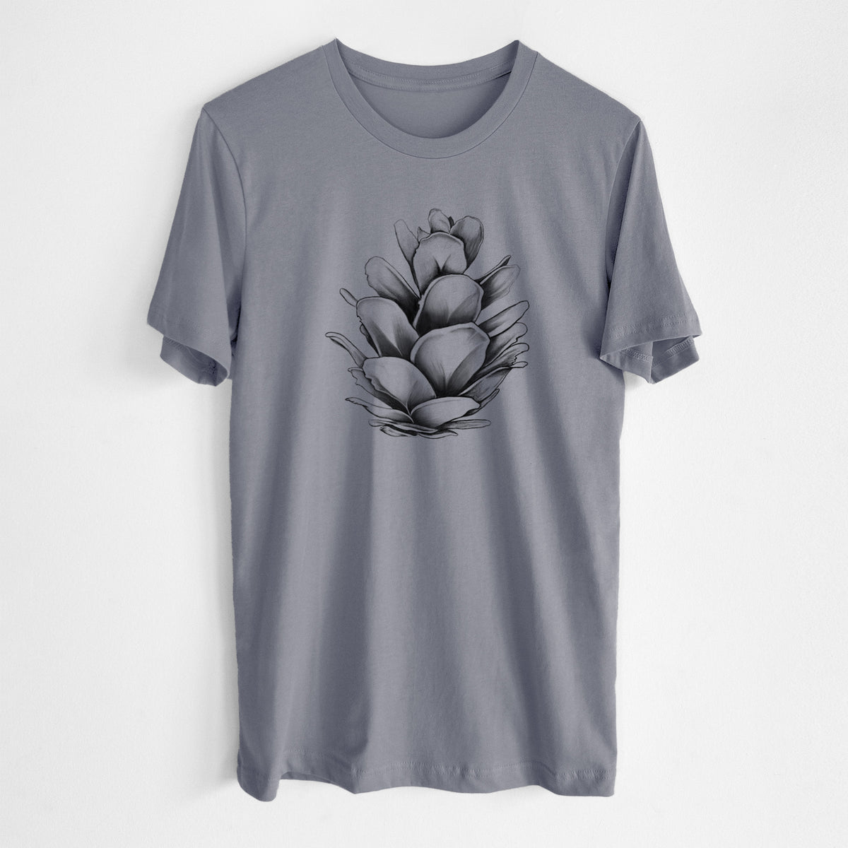 Storm grey lightweight cotton t-shirt laid flat, printed with a detailed black ink illustration of a western hemlock pine cone.