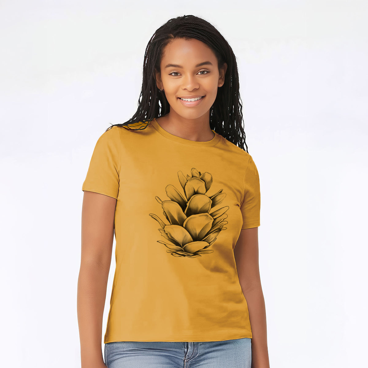 Woman wearing a mustard yellow women's relaxed fit cotton t-shirt printed with a detailed black ink illustration of a western hemlock pine cone.
