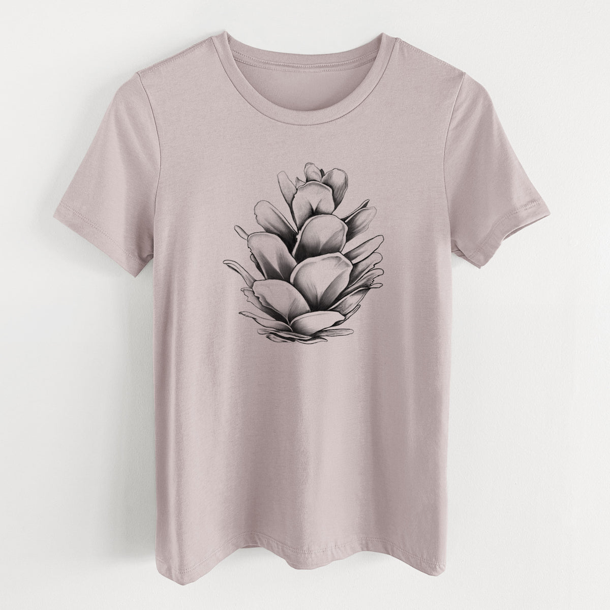 Pink gravel women's relaxed fit cotton t-shirt laid flat, printed with a detailed black ink illustration of a western hemlock pine cone.