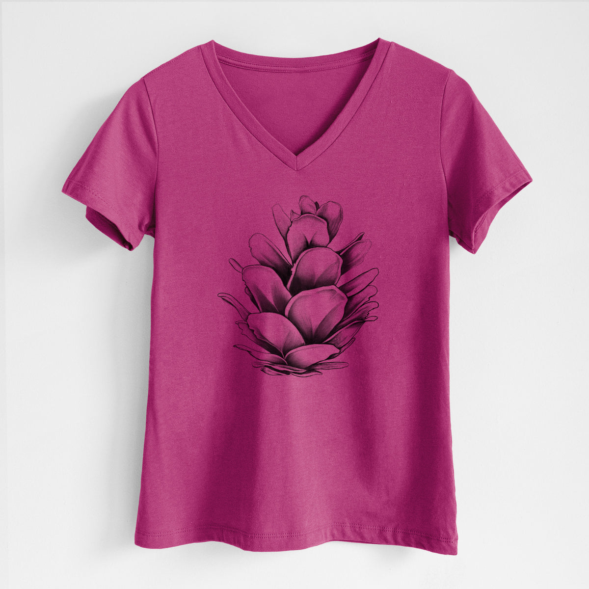 Berry pink women's relaxed fit cotton V-neck t-shirt laid flat, printed with a detailed black ink illustration of a western hemlock pine cone.