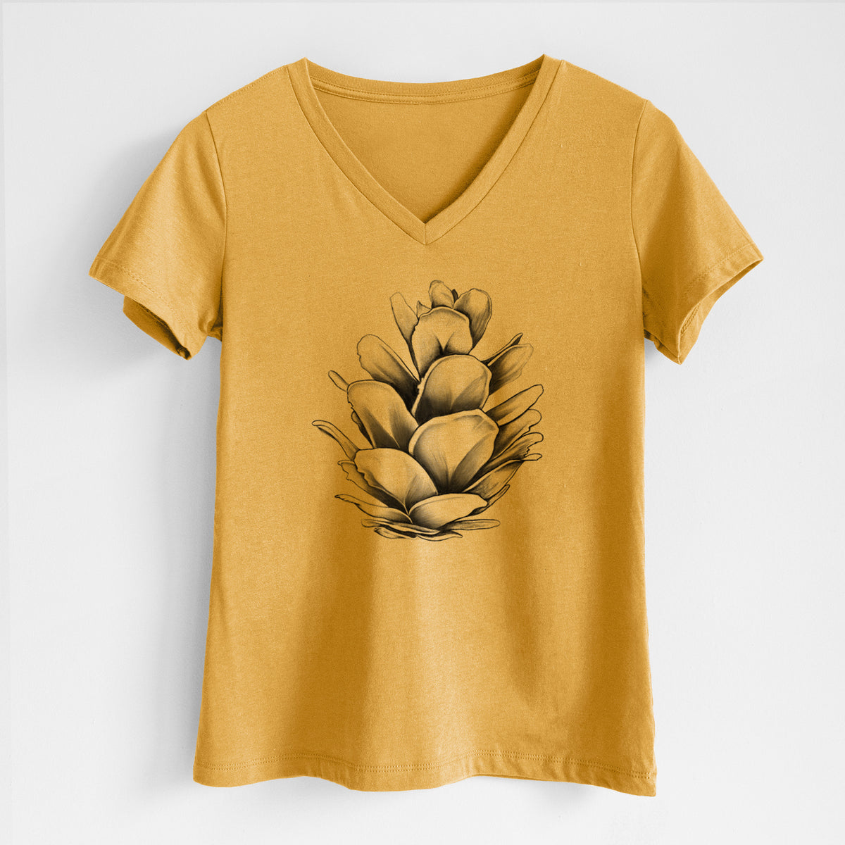 Honeycomb yellow women's relaxed fit cotton V-neck t-shirt laid flat, printed with a detailed black ink illustration of a western hemlock pine cone.