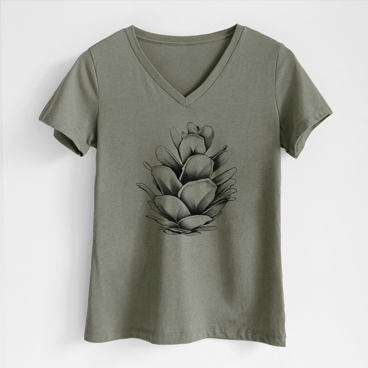 Military green women's relaxed fit cotton V-neck t-shirt laid flat, printed with a detailed black ink illustration of a western hemlock pine cone.
