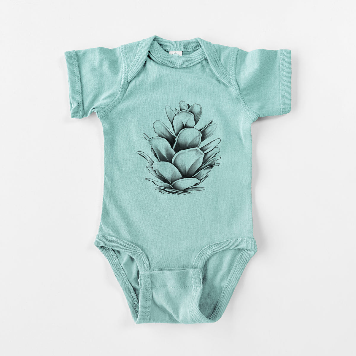 Saltwater baby bodysuit laid flat, printed with a detailed black ink illustration of a western hemlock pine cone.