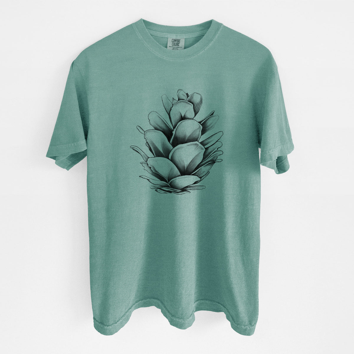 Reef green Comfort Colors t-shirt laid flat, printed with a detailed black ink illustration of a western hemlock pine cone.