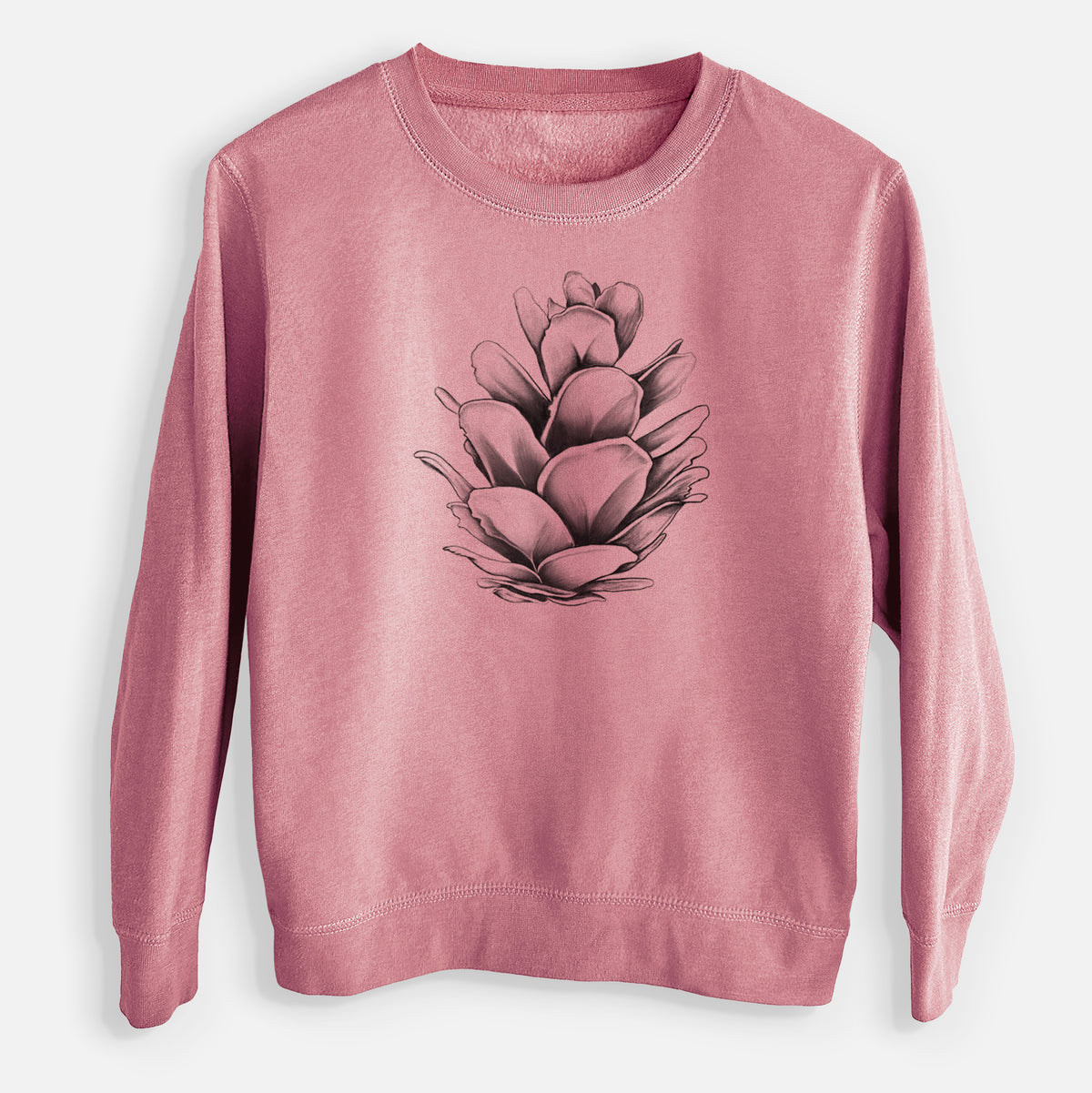 Mauve pink youth crewneck sweatshirt laid flat, printed with a detailed black ink illustration of a western hemlock pine cone.