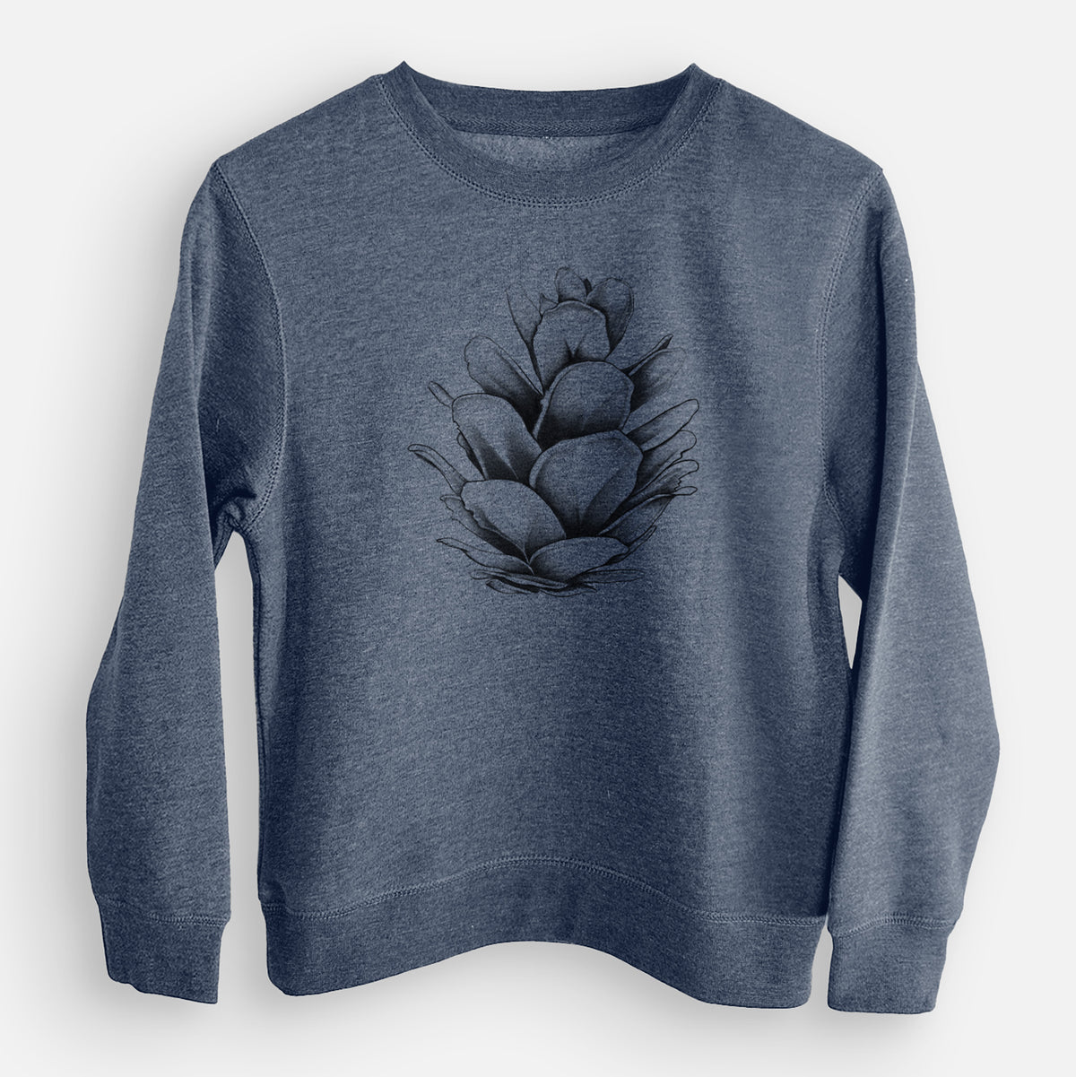 Storm blue youth crewneck sweatshirt laid flat, printed with a detailed black ink illustration of a western hemlock pine cone.