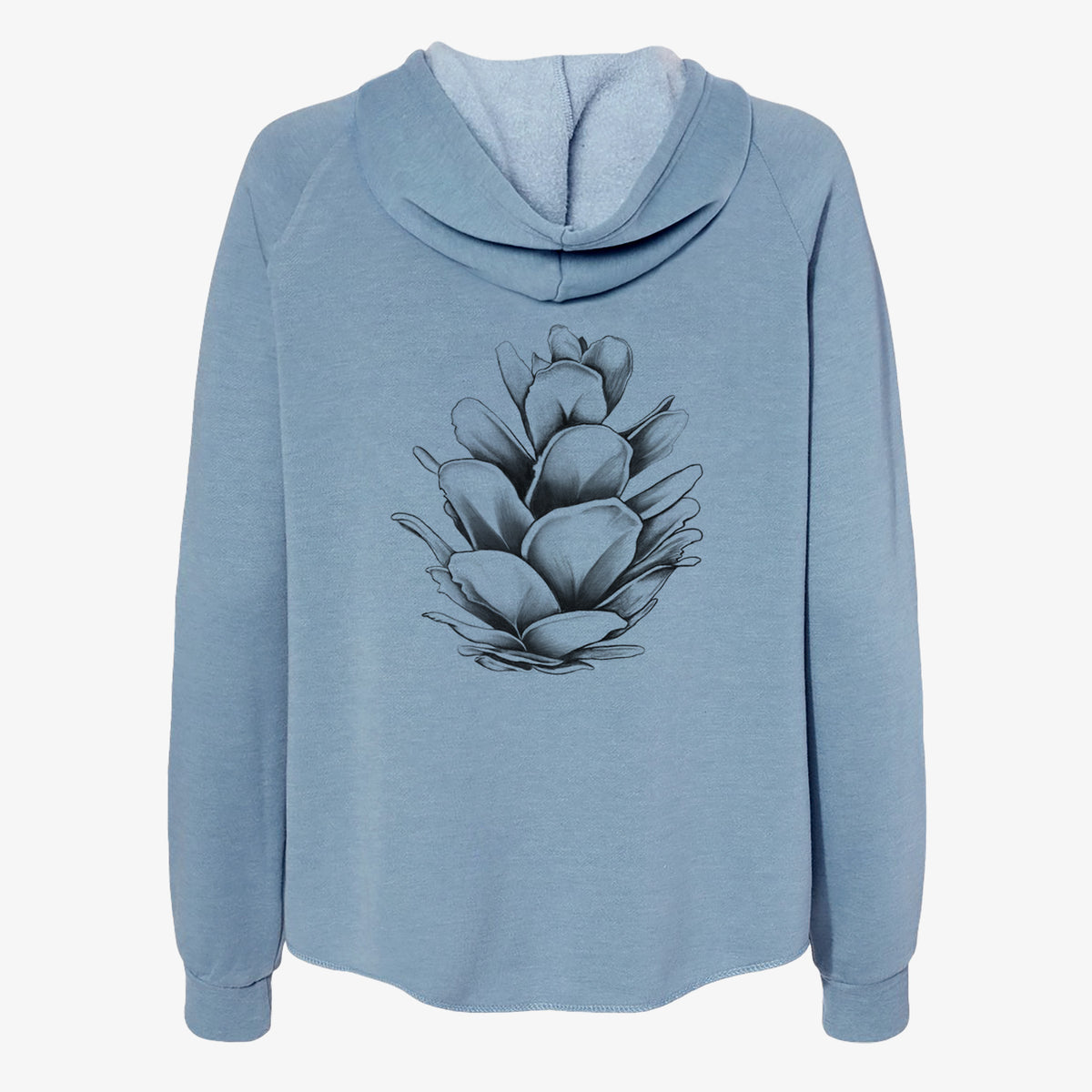 Misty blue women's Cali Wave zip-up sweatshirt laid flat, printed with a detailed black ink illustration of a western hemlock pine cone.