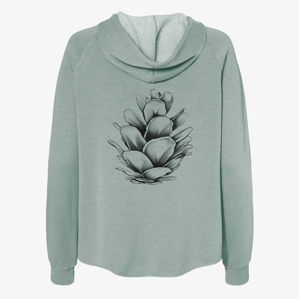 Sage green women's Cali Wave zip-up sweatshirt laid flat, printed with a detailed black ink illustration of a western hemlock pine cone.