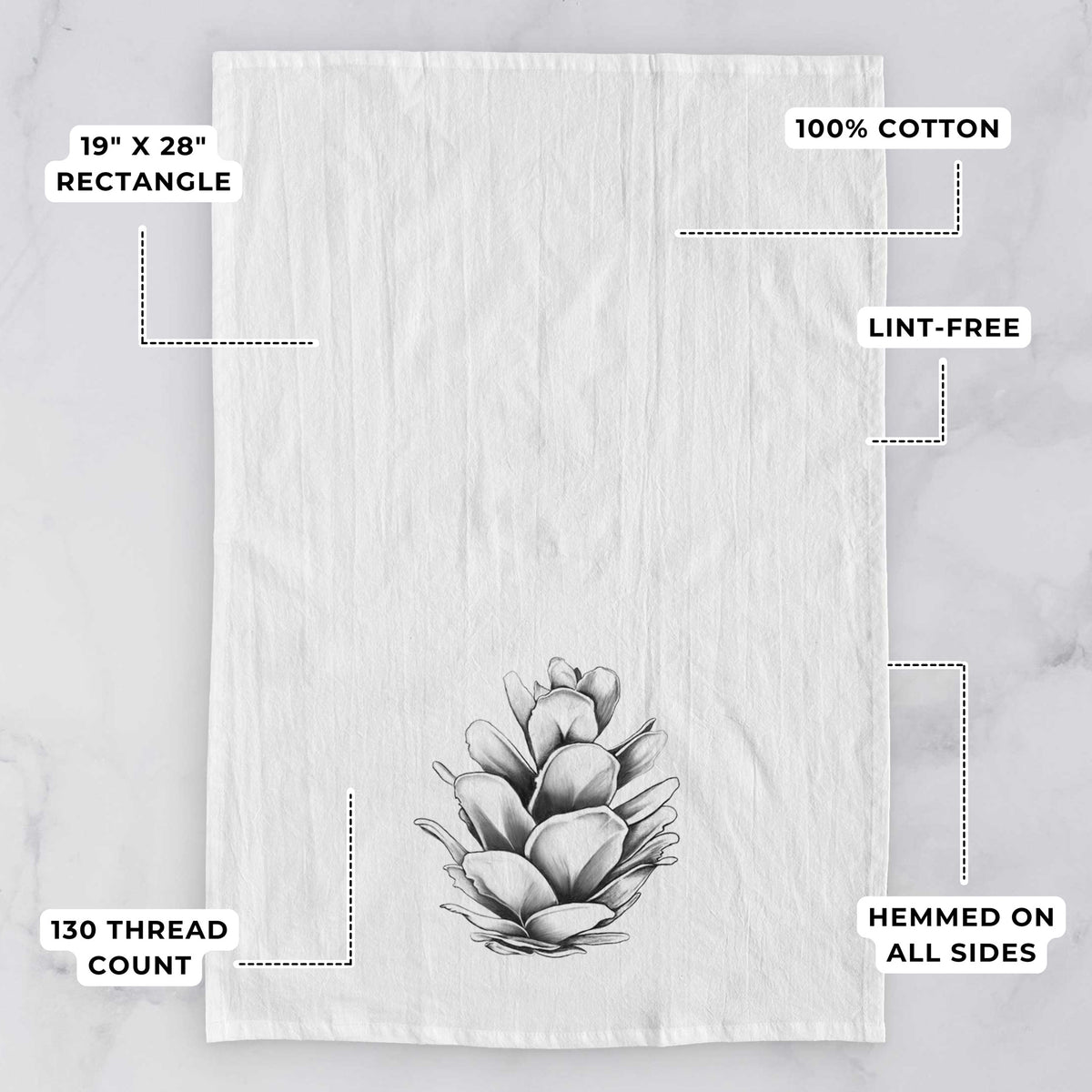 White tea towel printed with a detailed black ink illustration of a western hemlock pine cone, with feature labels: 19 by 28 inch rectangle, 100% cotton, lint-free, 130 thread count, hemmed on all sides.
