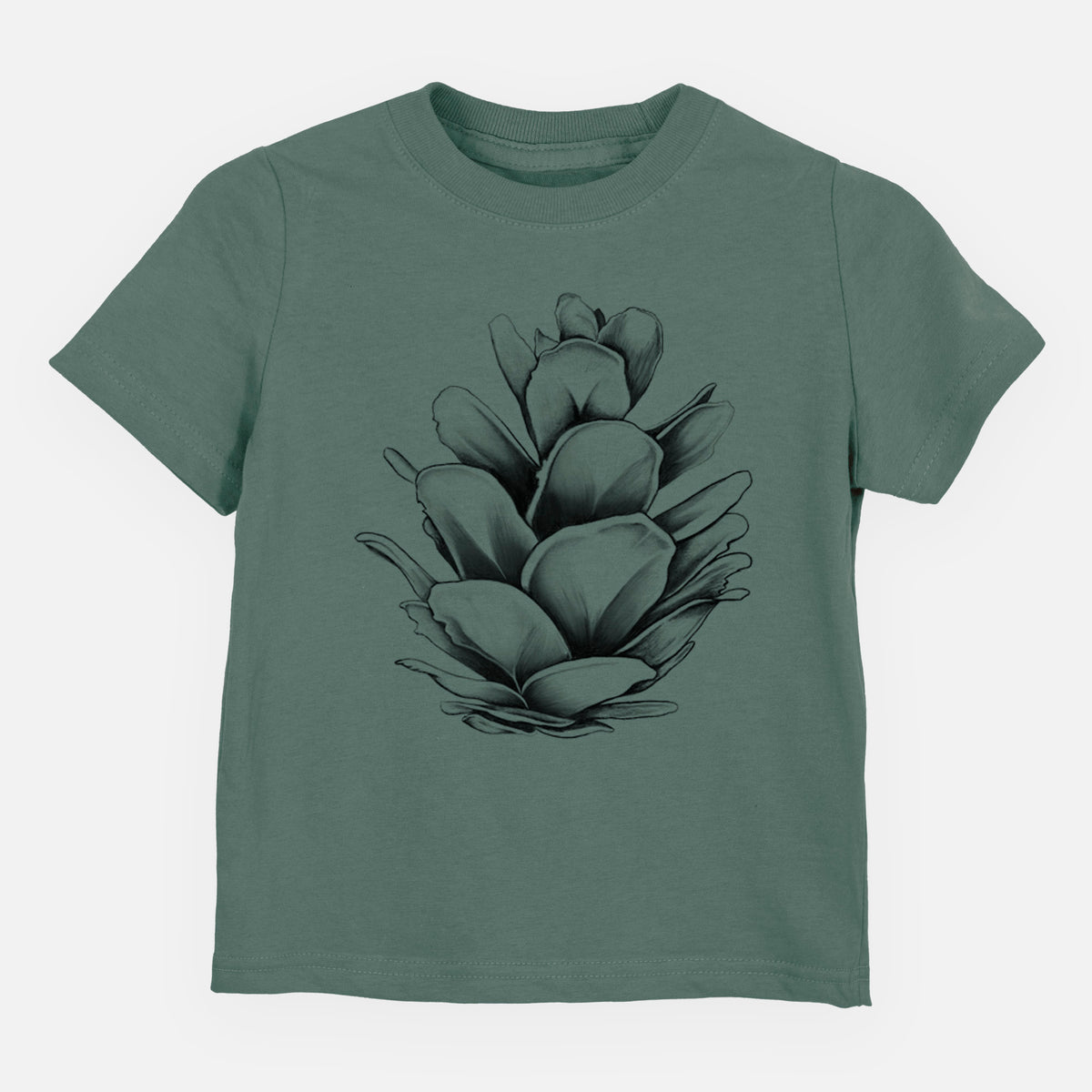Basil green toddler t-shirt laid flat, printed with a detailed black ink illustration of a western hemlock pine cone.