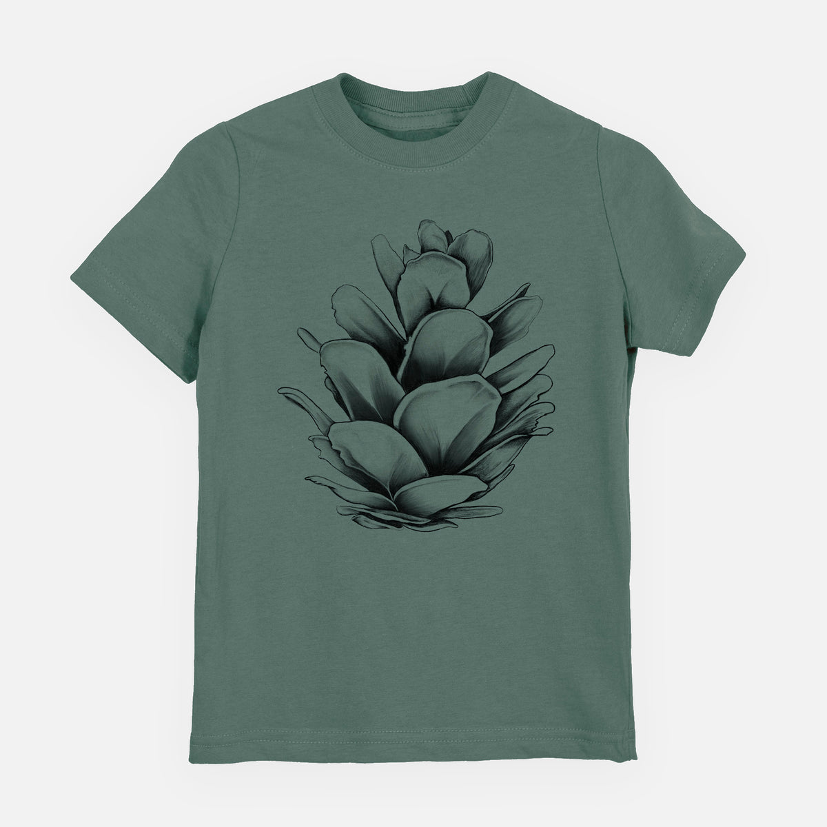 Basil green youth t-shirt laid flat, printed with a detailed black ink illustration of a western hemlock pine cone.