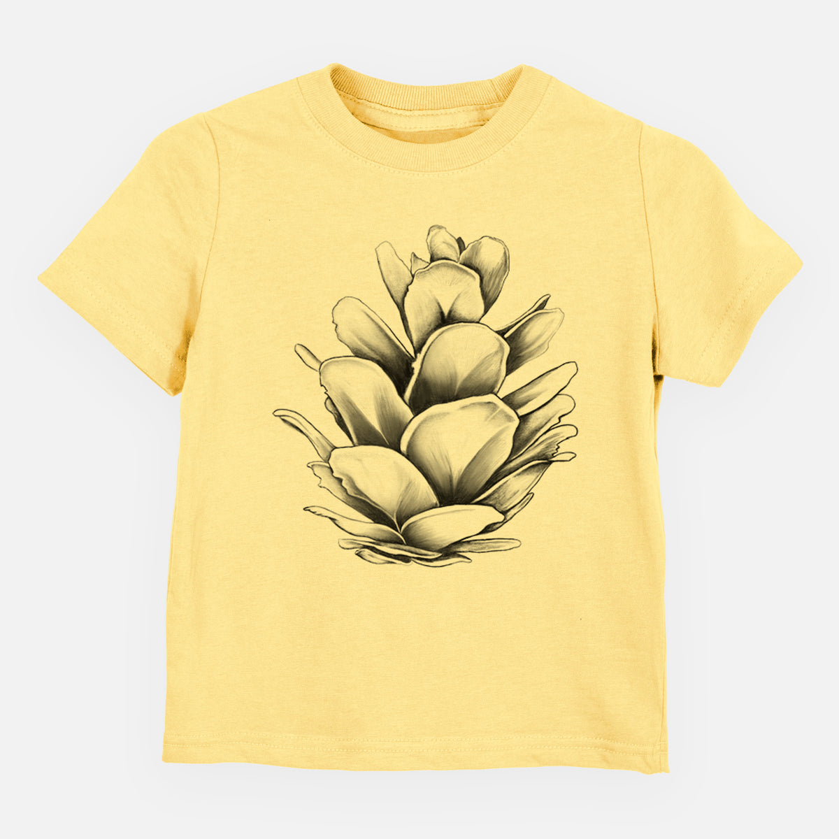 Butter yellow toddler t-shirt laid flat, printed with a detailed black ink illustration of a western hemlock pine cone.