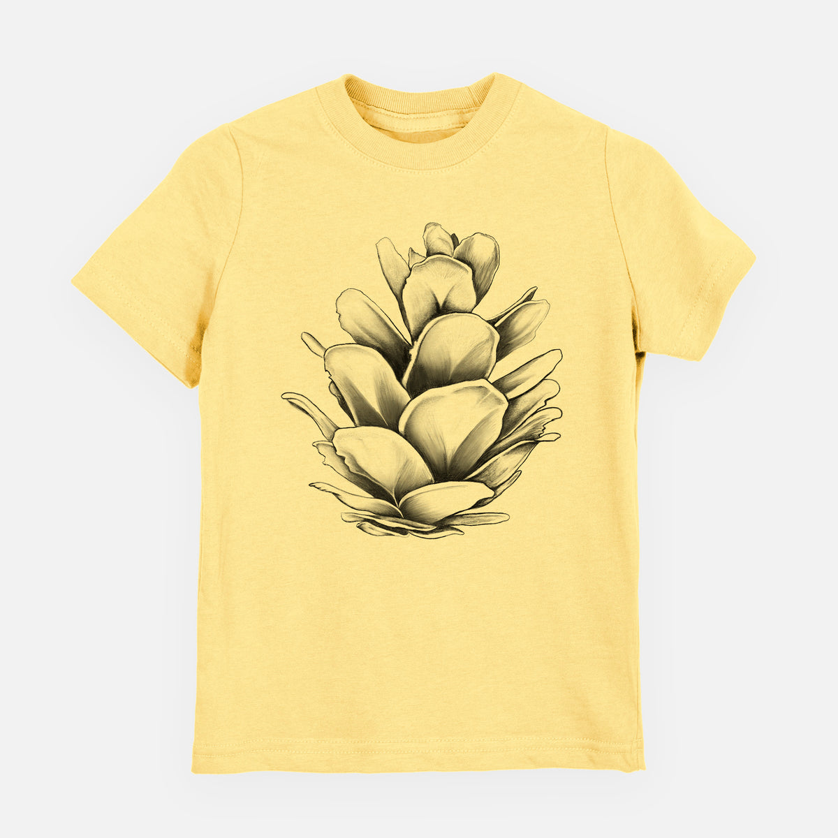 Butter yellow youth t-shirt laid flat, printed with a detailed black ink illustration of a western hemlock pine cone.