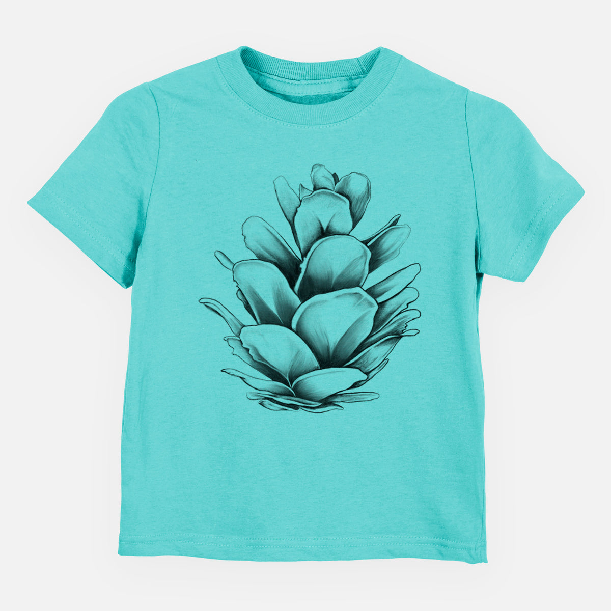 Caribbean blue toddler t-shirt laid flat, printed with a detailed black ink illustration of a western hemlock pine cone.