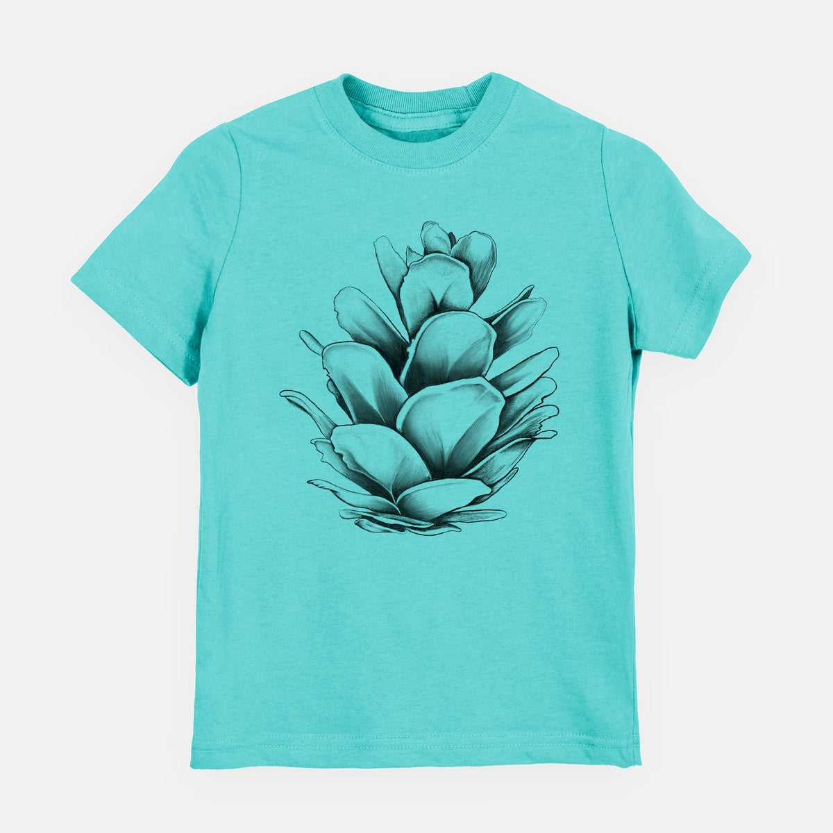 Caribbean blue youth t-shirt laid flat, printed with a detailed black ink illustration of a western hemlock pine cone.