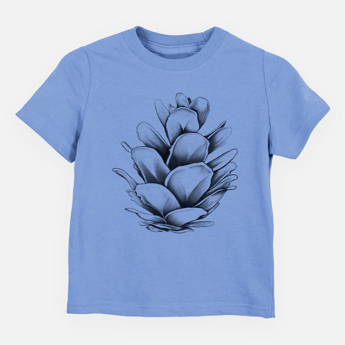 Carolina blue toddler t-shirt laid flat, printed with a detailed black ink illustration of a western hemlock pine cone.